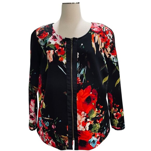 Igigi Floral Zip Jacket Womens Size 12 Black Red Poppy Print Lightweight Blazer - Picture 4 of 11